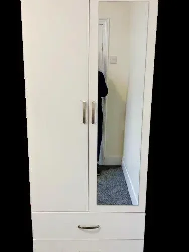 Excellent look, 2 door wardrobe with mirror, drawer and hanging inside, fast delivery