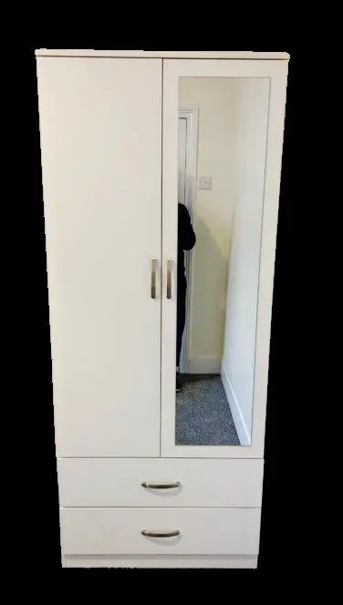 Excellent look, 2 door wardrobe with mirror, drawer and hanging inside, fast delivery